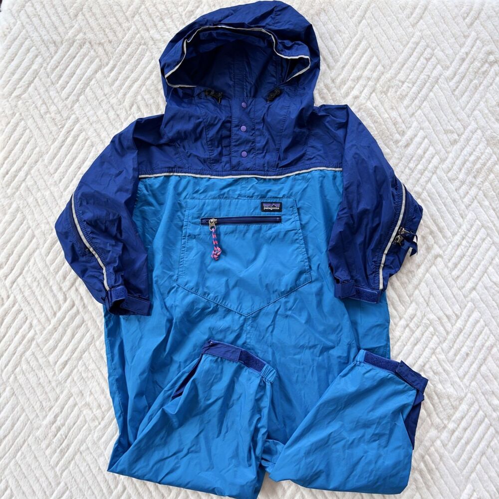 Patagonia Vintage Toddler L 4T Blue Teal Nylon Windbreaker Coverall Hooded Suit